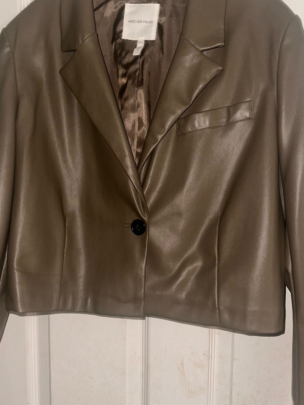 Avec Les Filles Olive Green Faux Leather Cropped Blazer Jacket